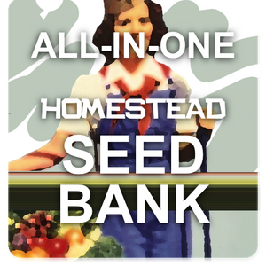 All-in-One Homestead Seed Bank logo with text over a farmer holding vegetables background